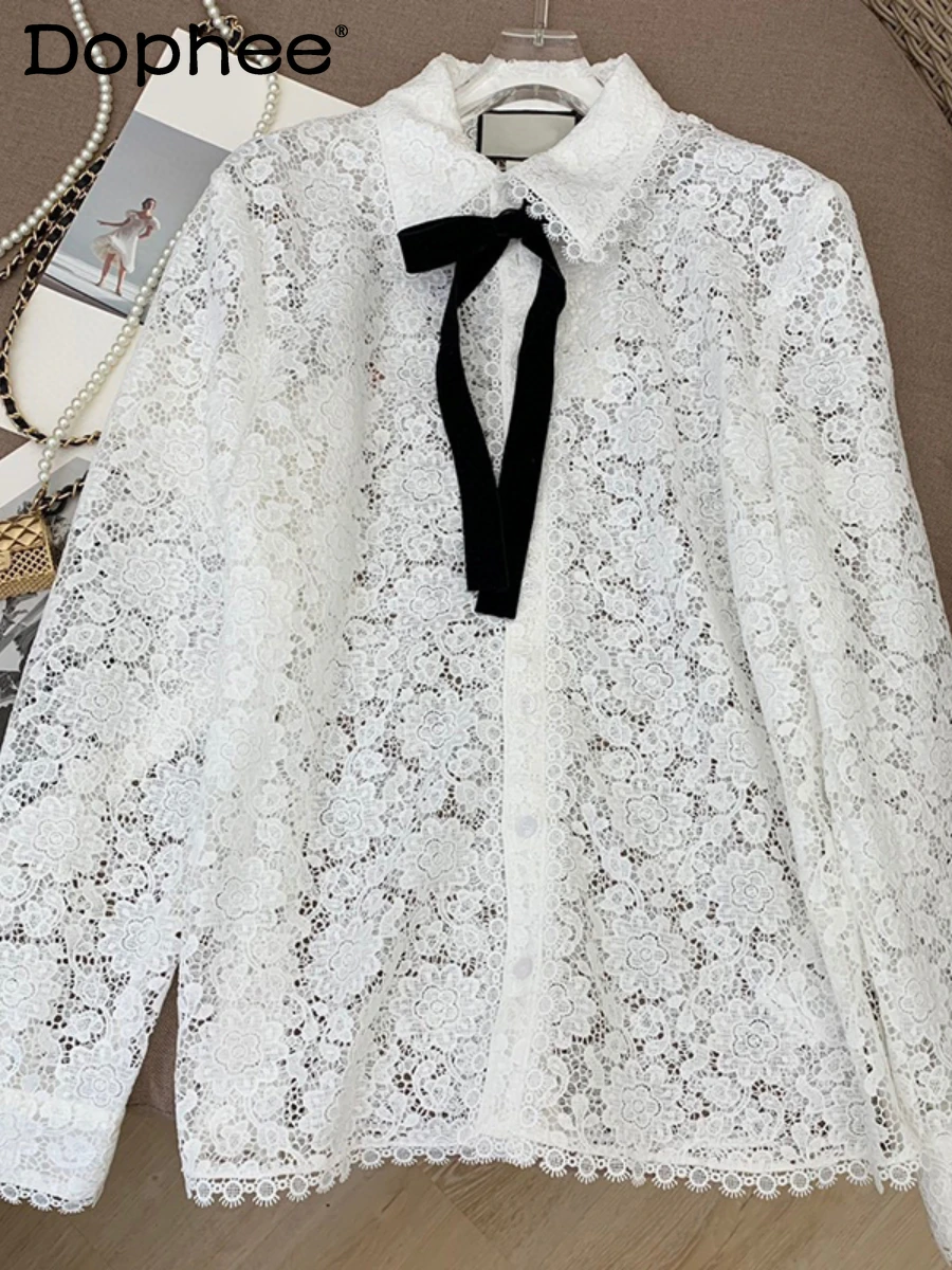 

Женская кружевная блузка с длинным рукавом, элегантная белая прямая блузка для офиса, осень 2023