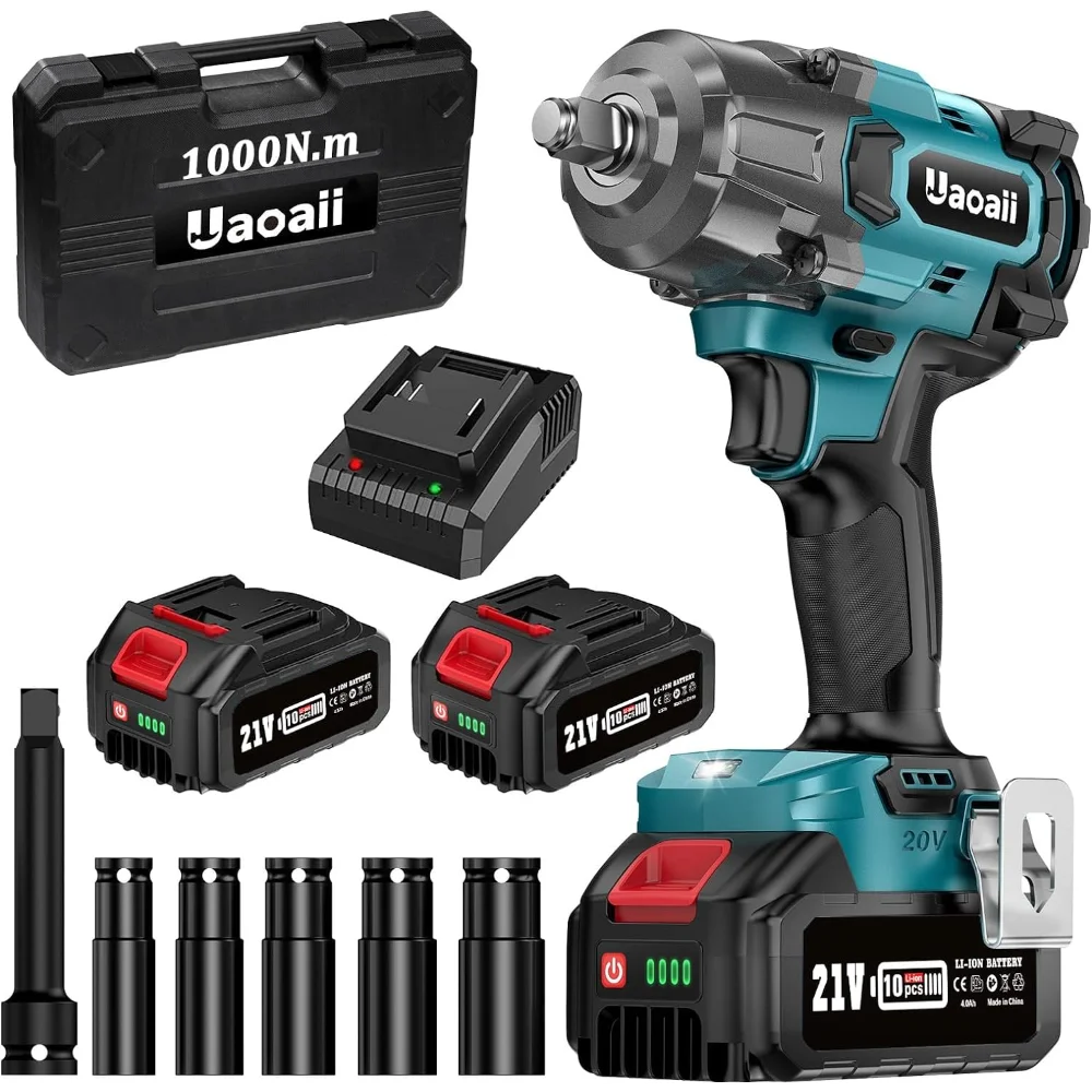 Uaoaii 1000Nm(738ft-lbs) Cordless Impact Wrench High Torque, 1/2 Battery Impact Gun w/ 2X 4.0Ah Batteries, Fast Charger