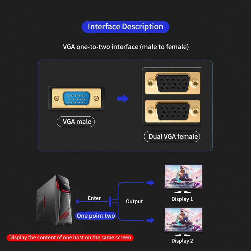 VGA Cable 1 in 2 Out HD 1080P Male to Female Adapter Splitter For Projector Laptop Computer Monitor Display