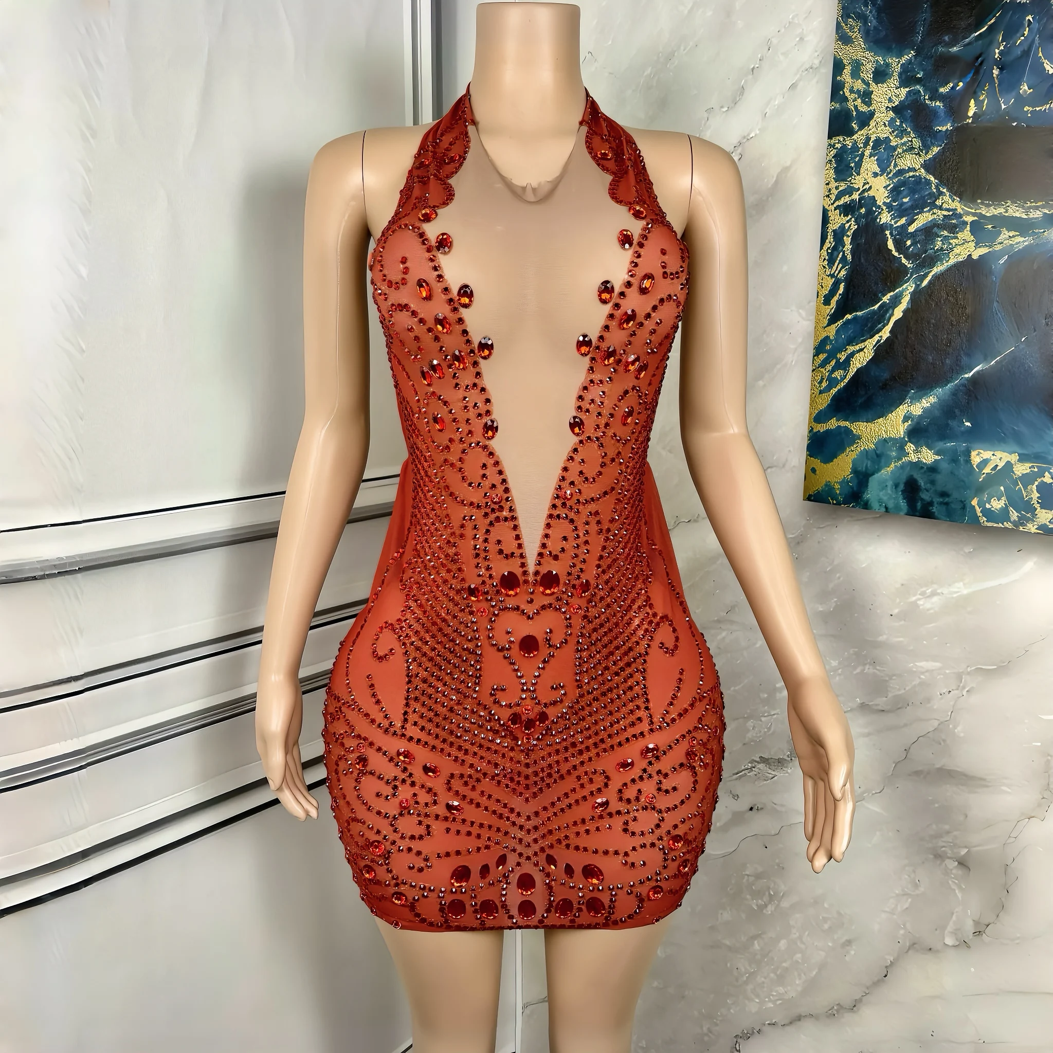 

Red Crytrals Diamonds Sexy See-Through Backless Mini Sheath Dress Evening Party Performance Costume Nightclub Singer Stage Wear