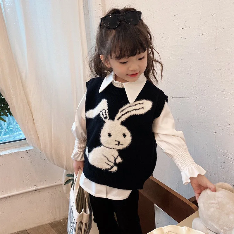 Girls Pullover Sweater Vest Spring Girls' Fashionable and Cute Little Rabbit Knitted Vest Baby Kids Loose and Versatile Top children vest