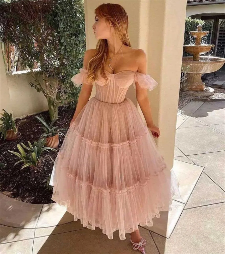 

Sweetheart 2024 Lace Up Light Pink Evening Dresses Draped Tea Length Elegant Prom Dress A Line Custom Made Homecoming Gowns