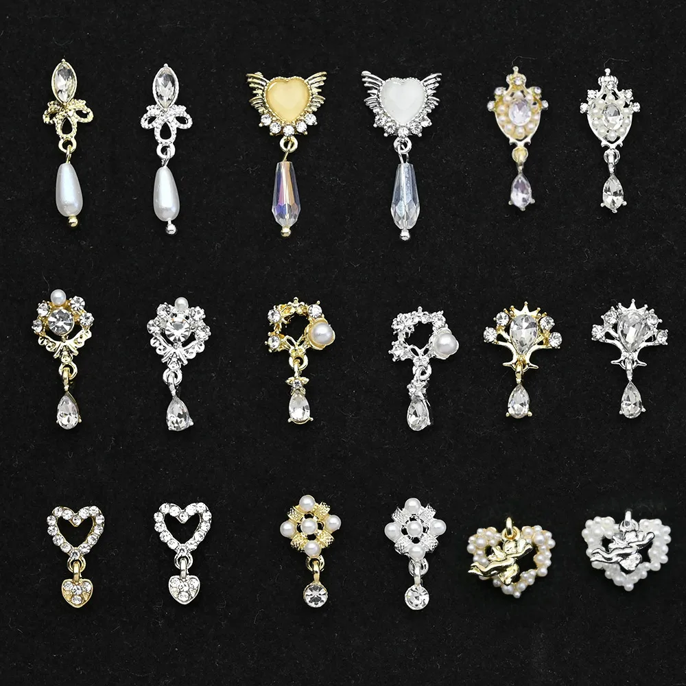 10Pcs 3D Dangle Nail Charms Nail Jewelry Rhinestones Heart Pearl Crystal Gems For Nail Art Decorations Metal Luxury Nail Charms