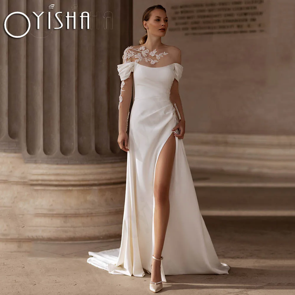 

OYISHA Sexy Mermaid Wedding Dress 2024 Off Shoulder Lace Appliques Split Bridal Dresses hochzeits kleid Detachable Long Sleeves