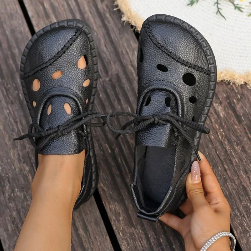 2026 Summer New Hollow-Out Lace-Up Sandals Women Flat Slip-Resistant Leather Bohemian Handmade Casual Shoes with Thick Sole ​