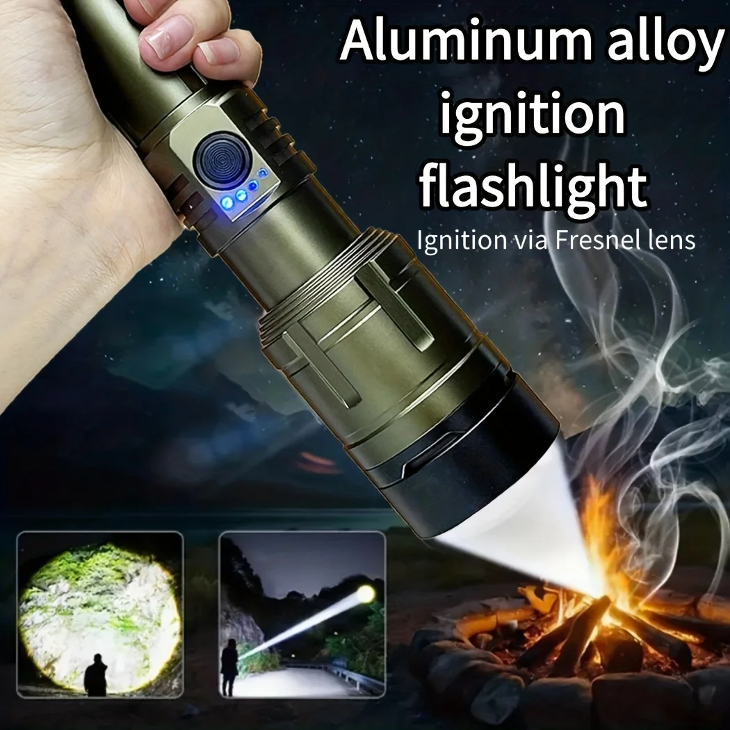 Briquet de lampe de poche et batterie externe combinée, rechargeable, faisceau super lumineux zoomable, lampe de poche 5 modes pour urgence de camping en plein air