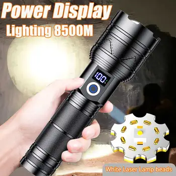 98000000000Lums 1000W 전원 LED 줌 가능 손전등, 캠핑 비상 토치라이트 서치라이트, USB 충전식 전원 디스플레이 포함