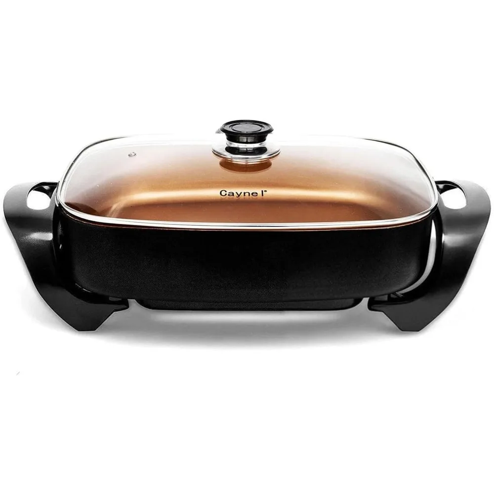 

Professional Non-stick Copper Electric Skillet Jumbo, Deep Dish with Tempered Glass Vented Lid, Upgrade Thermostat