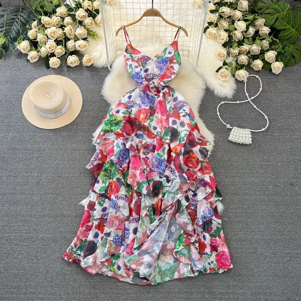 

French Boho Floral Print Ruffles Long Dress Women Off Shoulder Spaghetti Strap Floral Print Holiday Pleated A-Line Maxi Vestidos