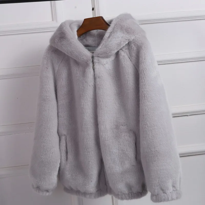2023 Loose Autumn Winter New All-match Furry Thick Hooded Ladies Imitation Mink Short Imitation Faux Fur Light Dressed Coat