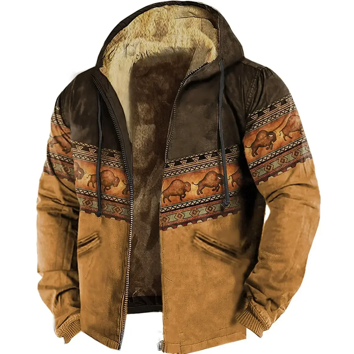 

Men's Zipper Hoodies Bison Pattern Print Casual Winter Clothing Long Sleeve Sweatshirt Casual Hooded Jacket Outerwear