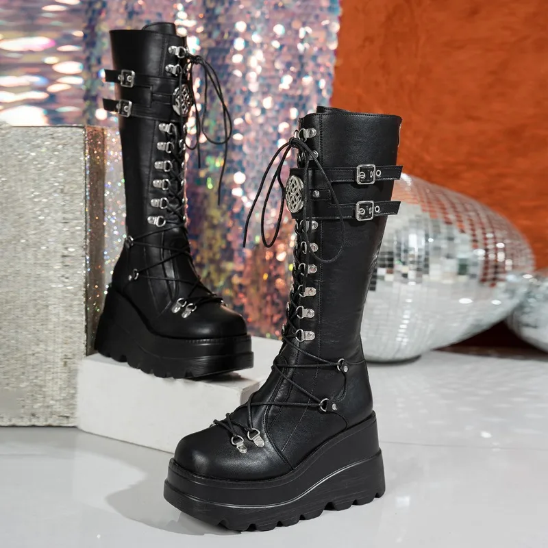 Punk Style Platform Motorcycle Boots Women Fashion Rivet Buckle Decor Combat Booties Woman Thick Sole Wedge Heel Mid Calf Boots