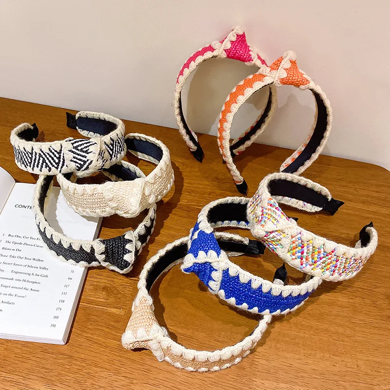 Straw Woolen Weaving Cross Knotted Headband Women Girls Handmade Hair Hoop Woven Wide Head Band Lady Braided Hair Accessories circle buckle elastic ladies s belts straw woven vintage bohemain casual waist accessories for women decorate summer dress