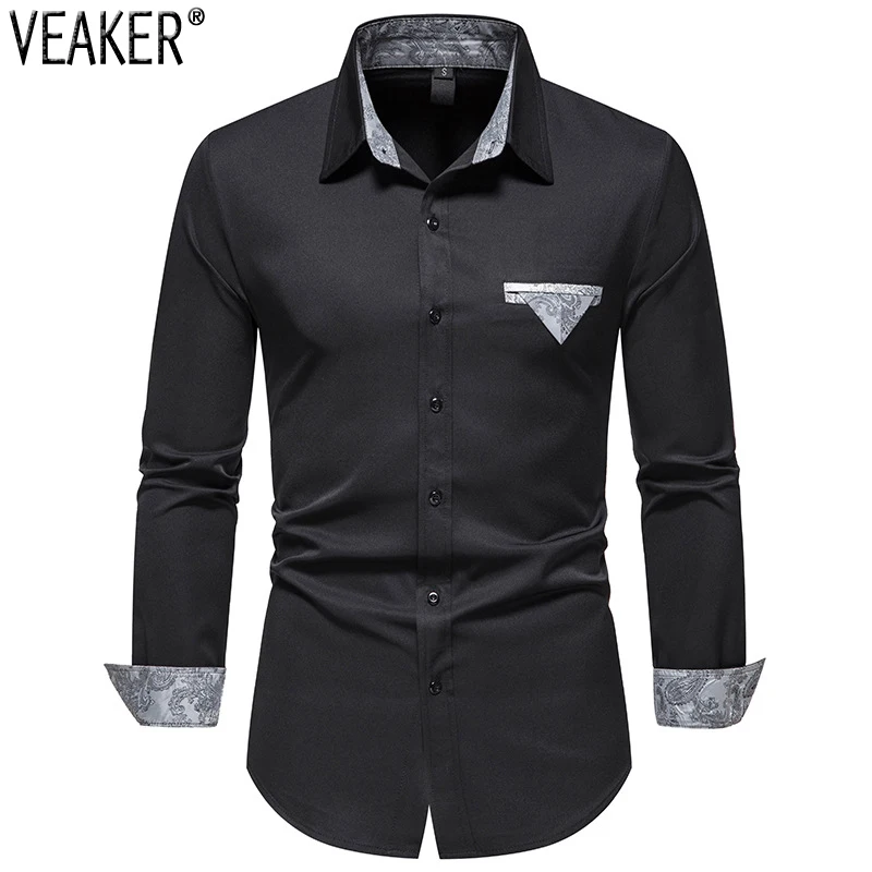 

2022 New Men's Silk Satin Floral Printed Shirts Male Long Sleeve Slim Fit Print Business Shirt Tops S-2XL