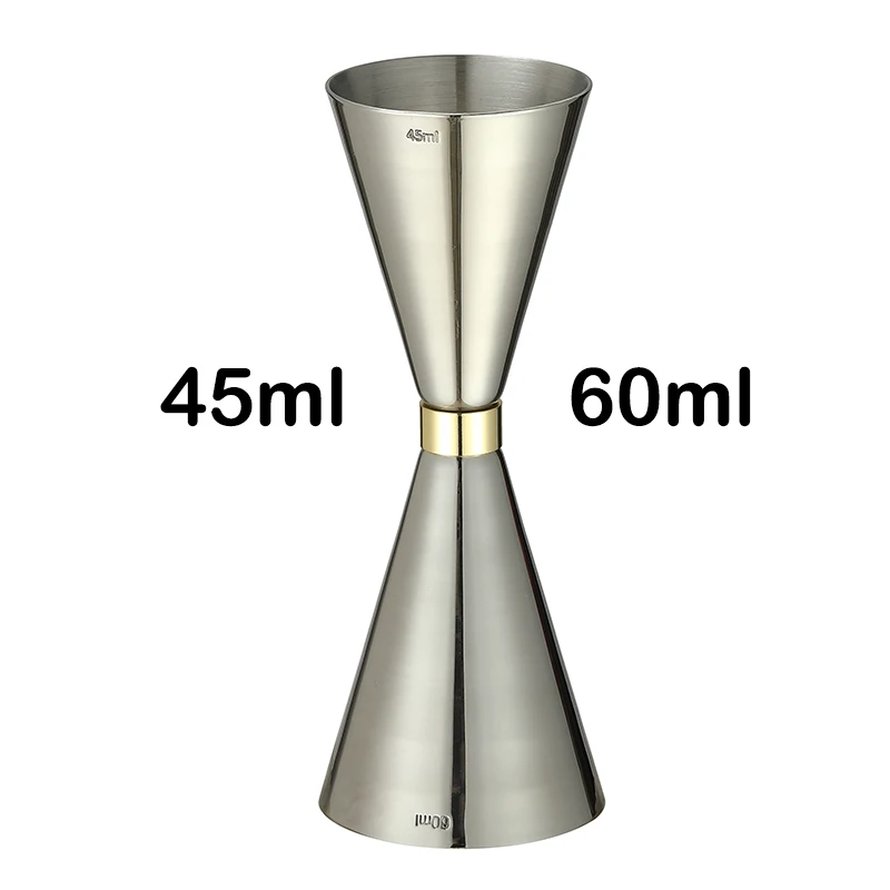 Assorted stainless steel cocktail jiggers for precise drink measurement in different sizes and finishes