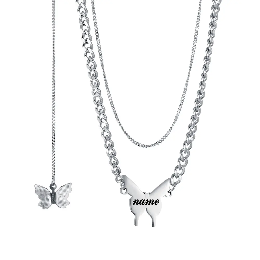 

Necklace Stainless Steel Custom Personalized Double Chain Creative Name Engrave Butterfly Necklace Jewelry Gift For Women Girl