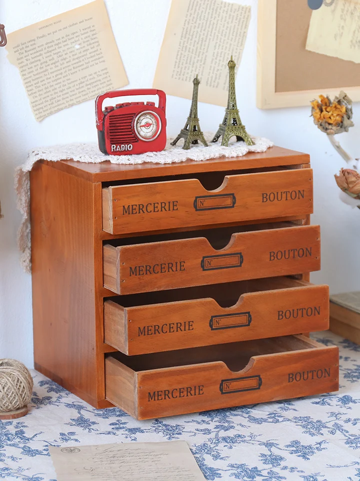 Vintage Wooden Box Storage Drawer Wooden Chest Of Drawers Jewelry Cosmetics  Organizer Office Home Decoration Desktop