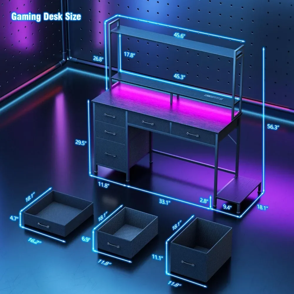 New2025-Computer Gaming Desk with Hutch, Home Office Desk with Power Outlets, LED Light, 5 Storage Drawers, 2 Tiers Shelves for