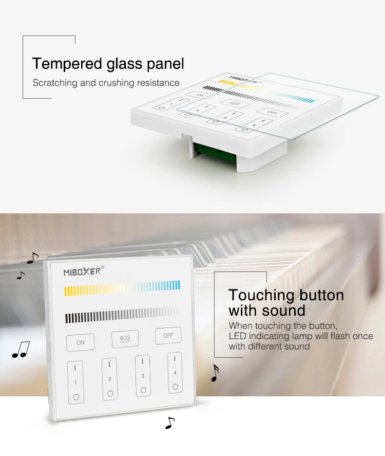 Miboxer 4-Zone/8-Zone Smart Touch Panel Remote dimming/CT/RGB/RGBW/RGB+CCT LED Strip Controller 3V 220V 110V Lamp dimmer Switch