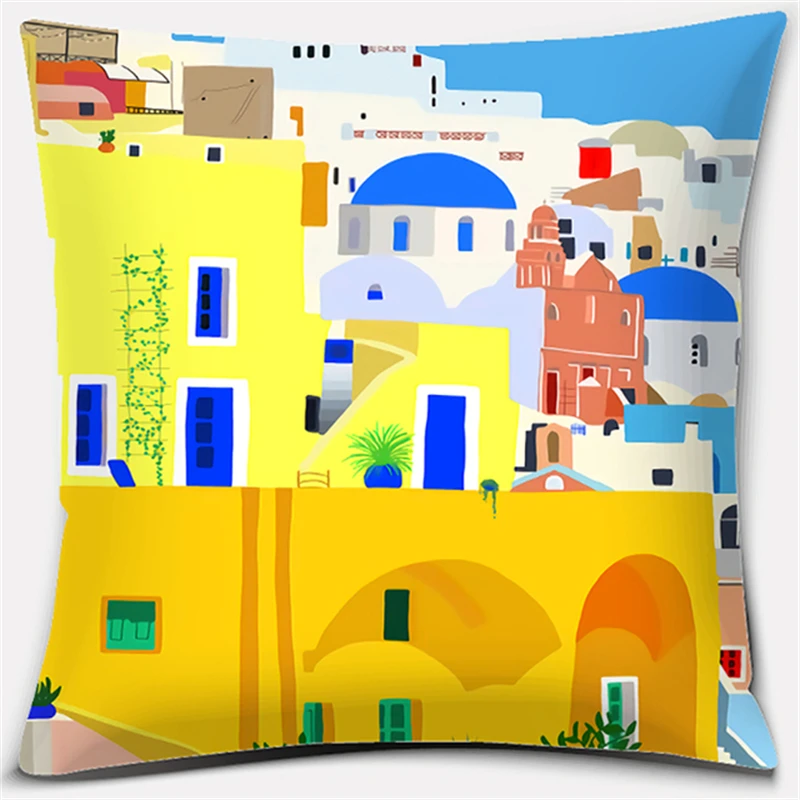 45*45CM Romantic Greek Santorini Collection Pattern Print Pillowcase Beautiful Landscape Square Pillowcase Office Home Decor