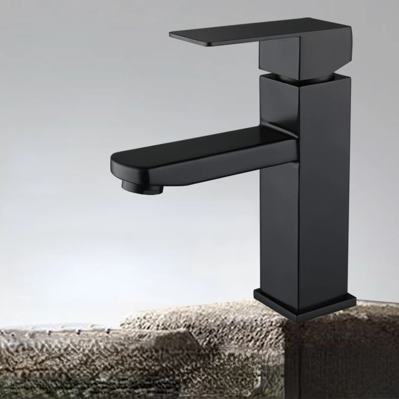 

Bathroom Basin Faucet Stainless Steel Fashion Black Bottom Square Single Hole Baking Paint Cold Hot Mixing Sink Taps Household