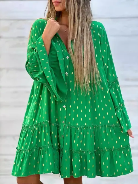 2024 Primavera Autunno delle nuove donne stampate a caldo moda stampata maniche a tromba monopetto grande altalena abito ampio per le donne 3