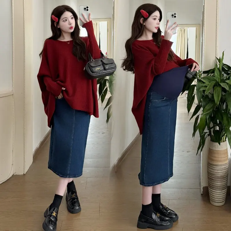 Stretch Denim Maternity Skirt with Split Adjustable High Waist Pencil Skirts for Pregnant Women Y2k Youth Spring Autumn Fashion