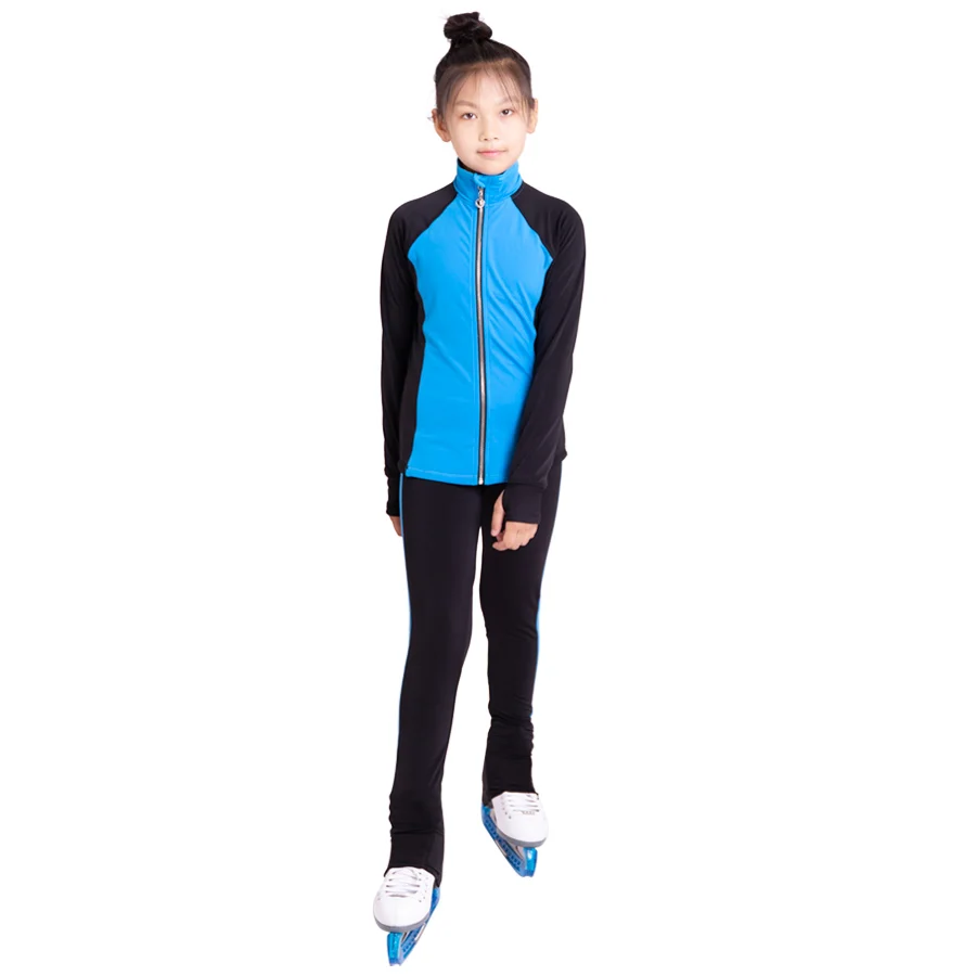New Ice Figure Skating Jacket Pants Women Girl Trousers Top Black Teens Children Kids Colored Blue Rhinestones Training