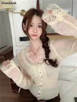 Lace Cardigan Women Sheer Spring Thin Slim Hotsweet Sexy Cropped Korean Style Fashion Solid Long Sleeve Exquisite Unique Chic