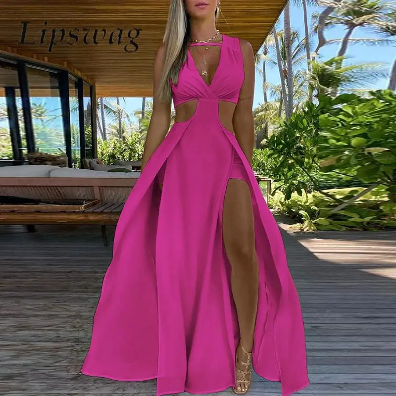 Ladies Sexy Deep V Long Sleeve Hollow Beach Dress
