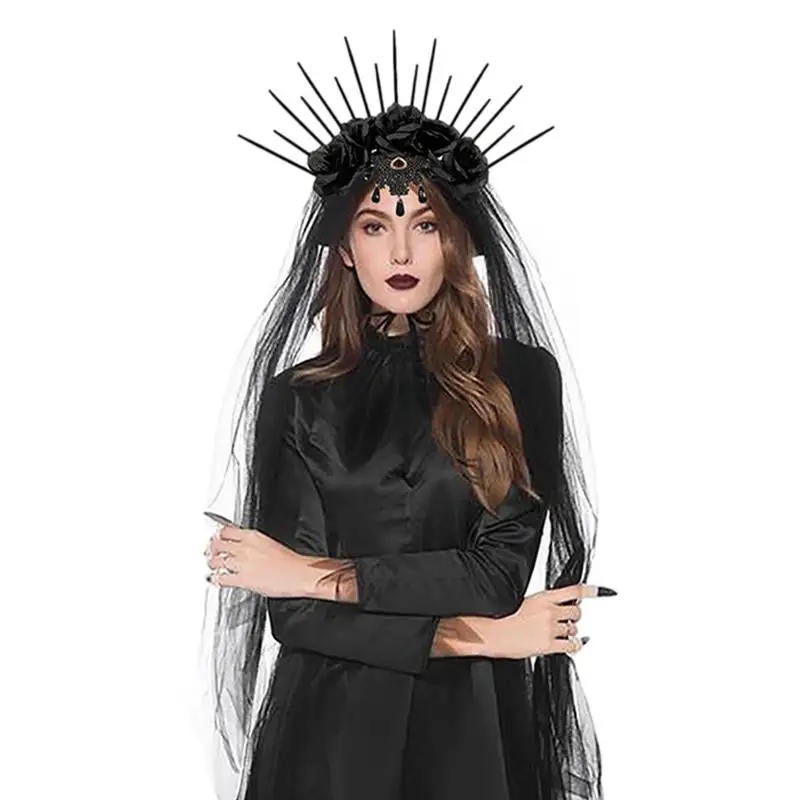 

Halloween Wedding Dress Up Veil Headband Gothic Crown Mesh Black Rose Retro Europe And America Dress Up Christmas Role Play