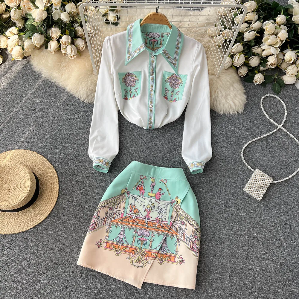 Summer Sweet Two Piece Set Women Turn Down Neck Long Sleeve Floral Print Chiffon Shirt Top+Irregular Vintage Mini Skirt Suit