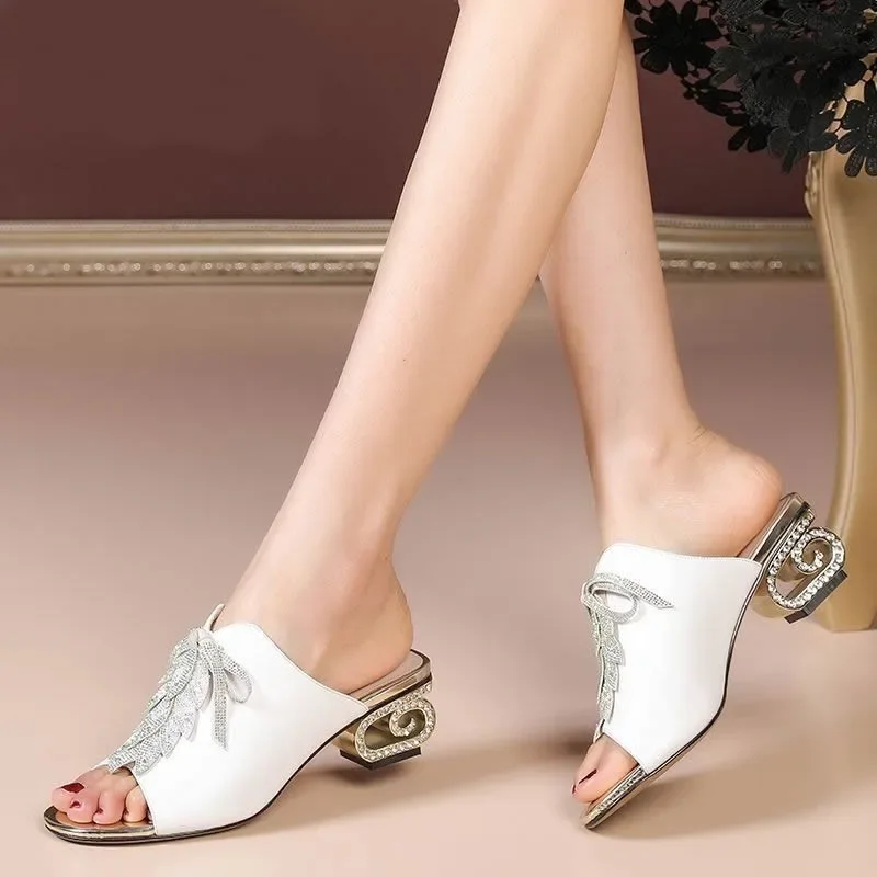 Snakeskin PU Leather Hollow Out Metal Decoration Square Heel Slippers Rhinestone Light Peep Toe Slides Retro Non-Slip Sandals