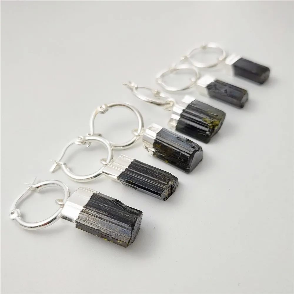FUWO 1Pairs Natural Green&Black Tourmaline Hoop Earrings,Silver Color Plated Semi-precious stone jewelry ER410Y 4