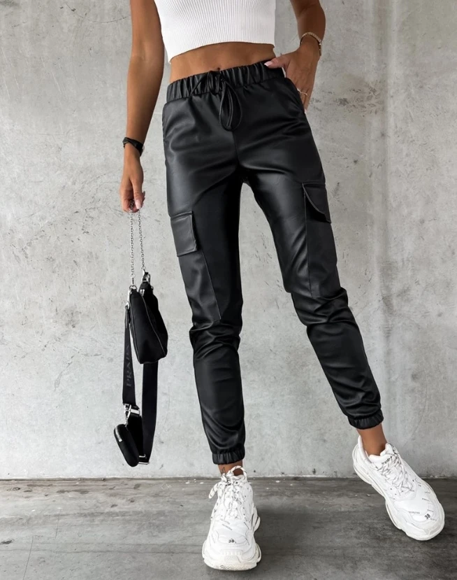 Women's Pants 2023 Spring Pocket Design Elastic Waist Pu Leather Cuffed Pants Plain Daily Long Cargo Pants Y2K Clothes