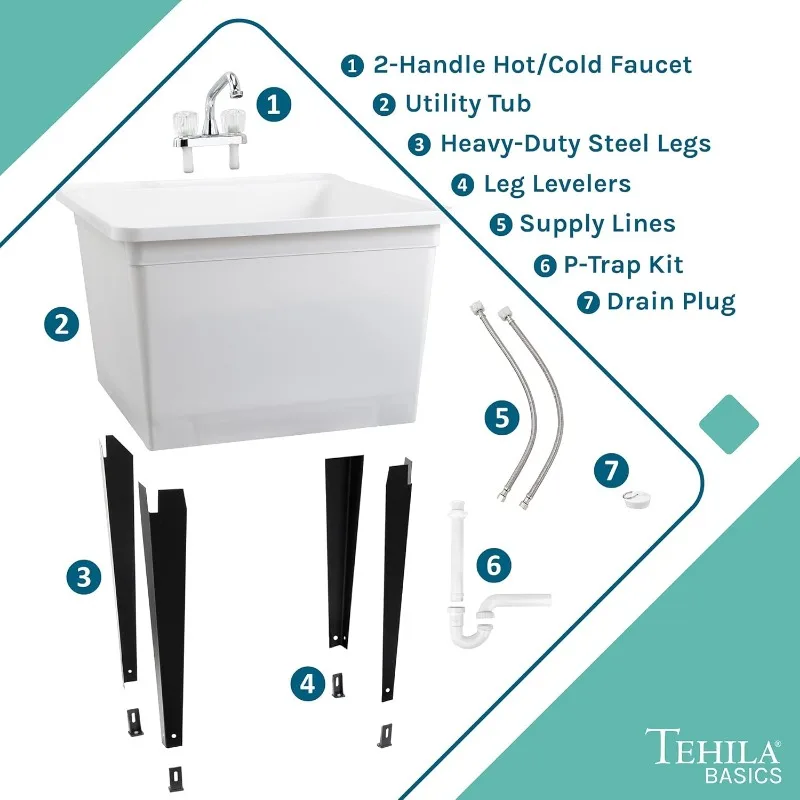 Tehila Basics 21-Gallon White Freestanding Utility Sink with Chrome Finish 2-Handle Faucet, 4