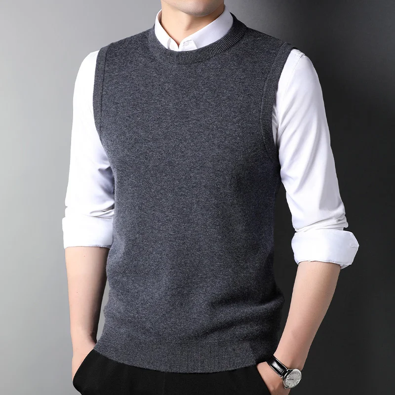 

100 Pure Wool round Neck Vest Knitted Sweater Men's Genuine Pure Wool Men's Sleeveless Waistcoat Vest Cashmere Sweater
