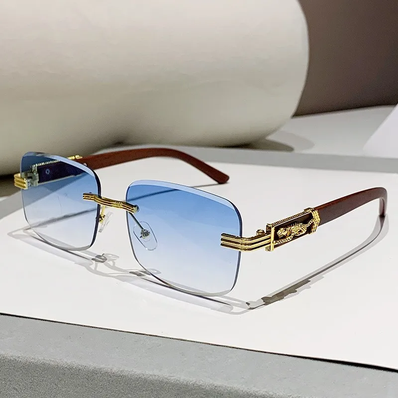 Retro Rimless Sunglasses, New Square Frame Men's Sunglasses, Trendy Leopard Car Sunglasses 90196