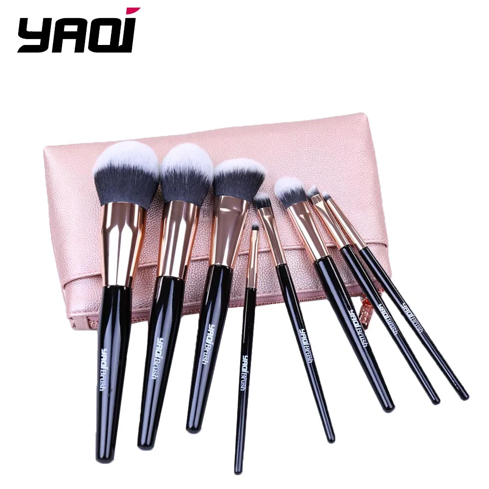 Yaqi 8pcs Synthetic Hair Wood Handle Cosmetic Brush Set  Blending Makeup brush beauty tool