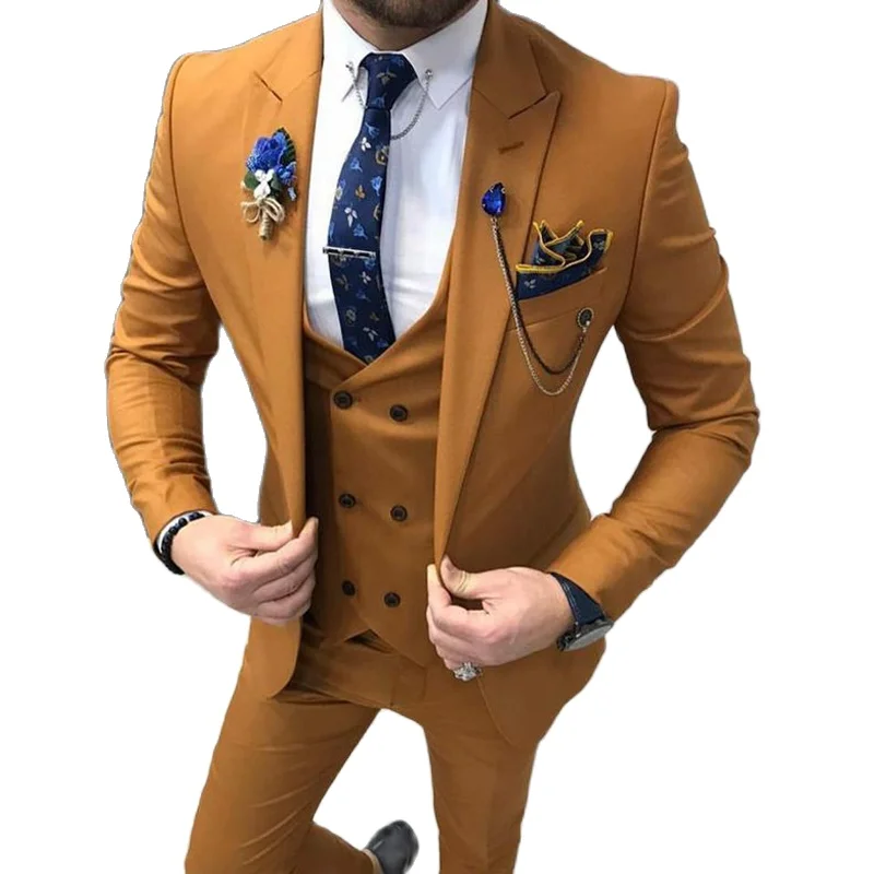 

3 Piece Slim Fit Men Suits Formal Style Brown Male Fashion Wedding Tuxedo For Groomsmen Dinner Jacket With Vest Pants