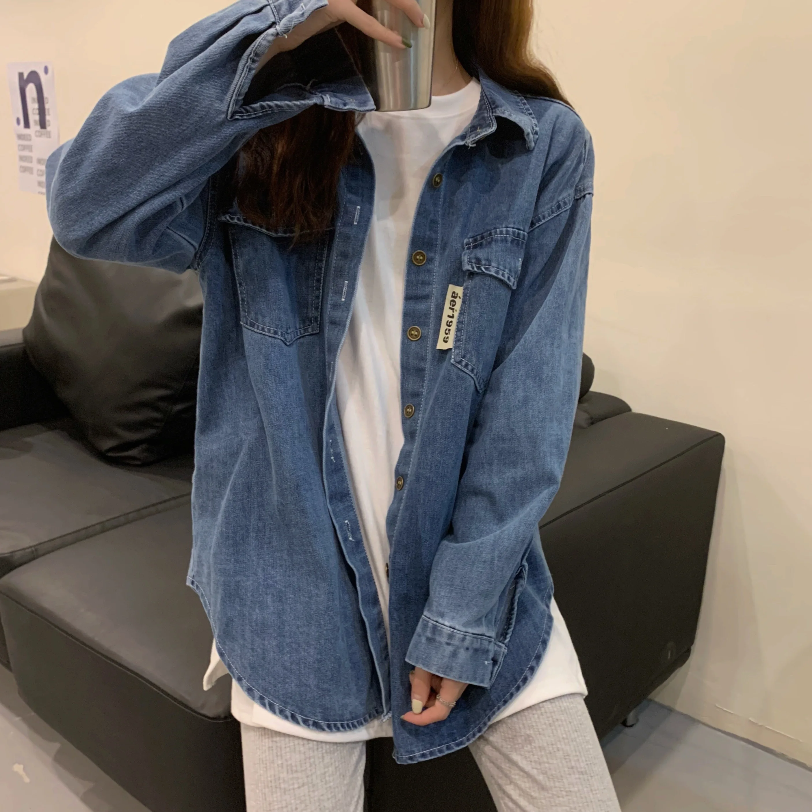 Autumn New Fashion Vintage Loose Women Single Breasted All-match Denim Long Sleeve Shirts Z109