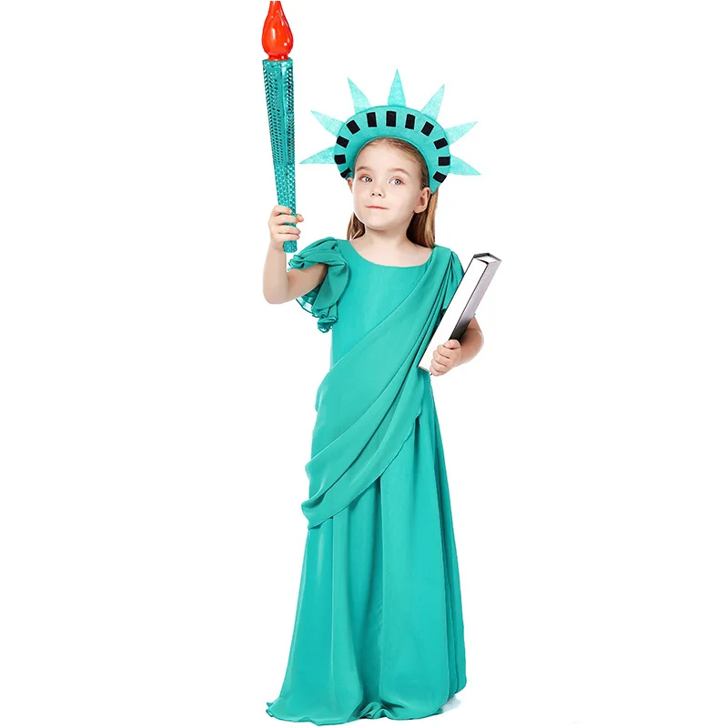 

Костюм американской статуи Свободы для девочек, Пурим, на Хэллоуин, древний греческий Римский халат, детский день, карнавал, косплей, маскарадный костюм