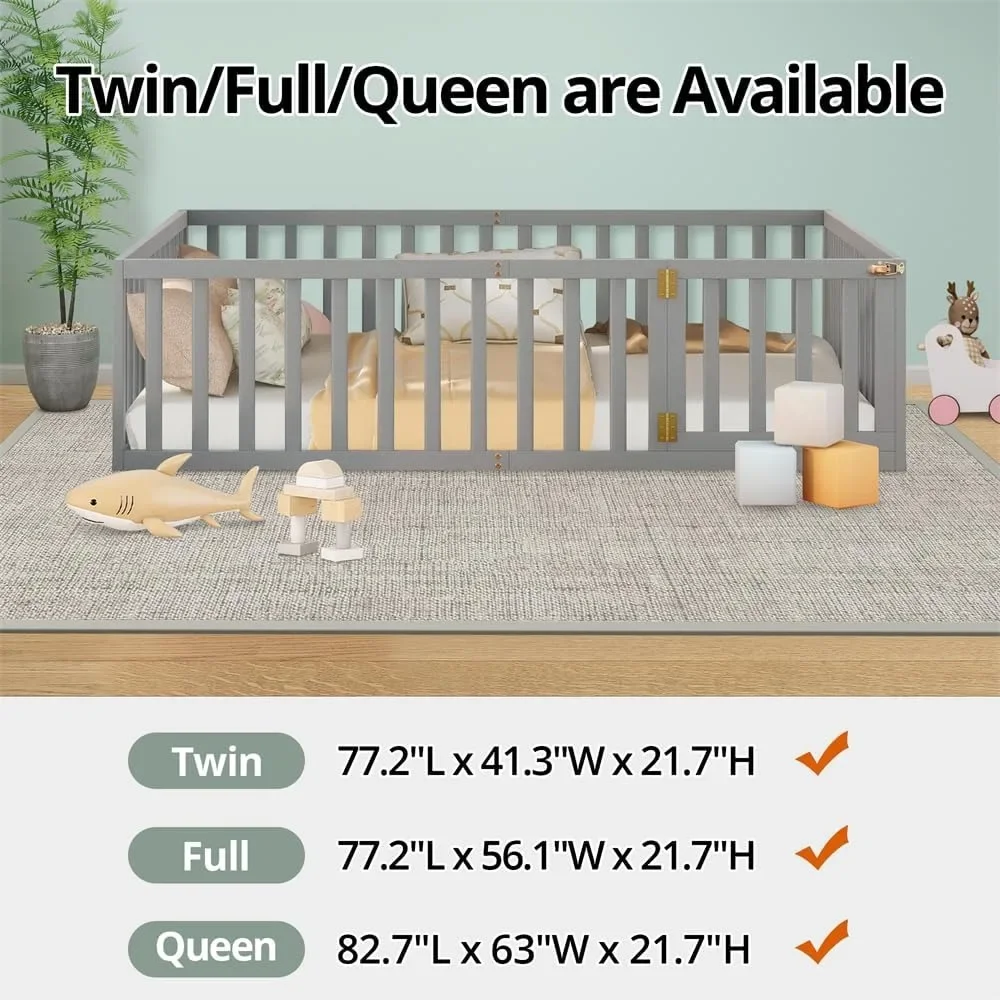 Queen Size Montessori Floor Bed, Multifunctional Wood Bed Frame with Fence & Door for Children Boys Girls Bedroom Living Room 5