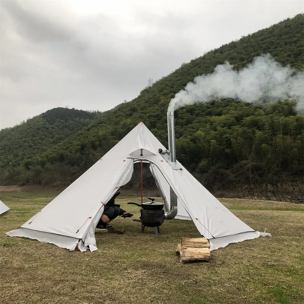 

Tienda de campaña con pirámide para 3-4 personas, tipi ultraligero para acampar al aire libre con falda de nieve con agujero de