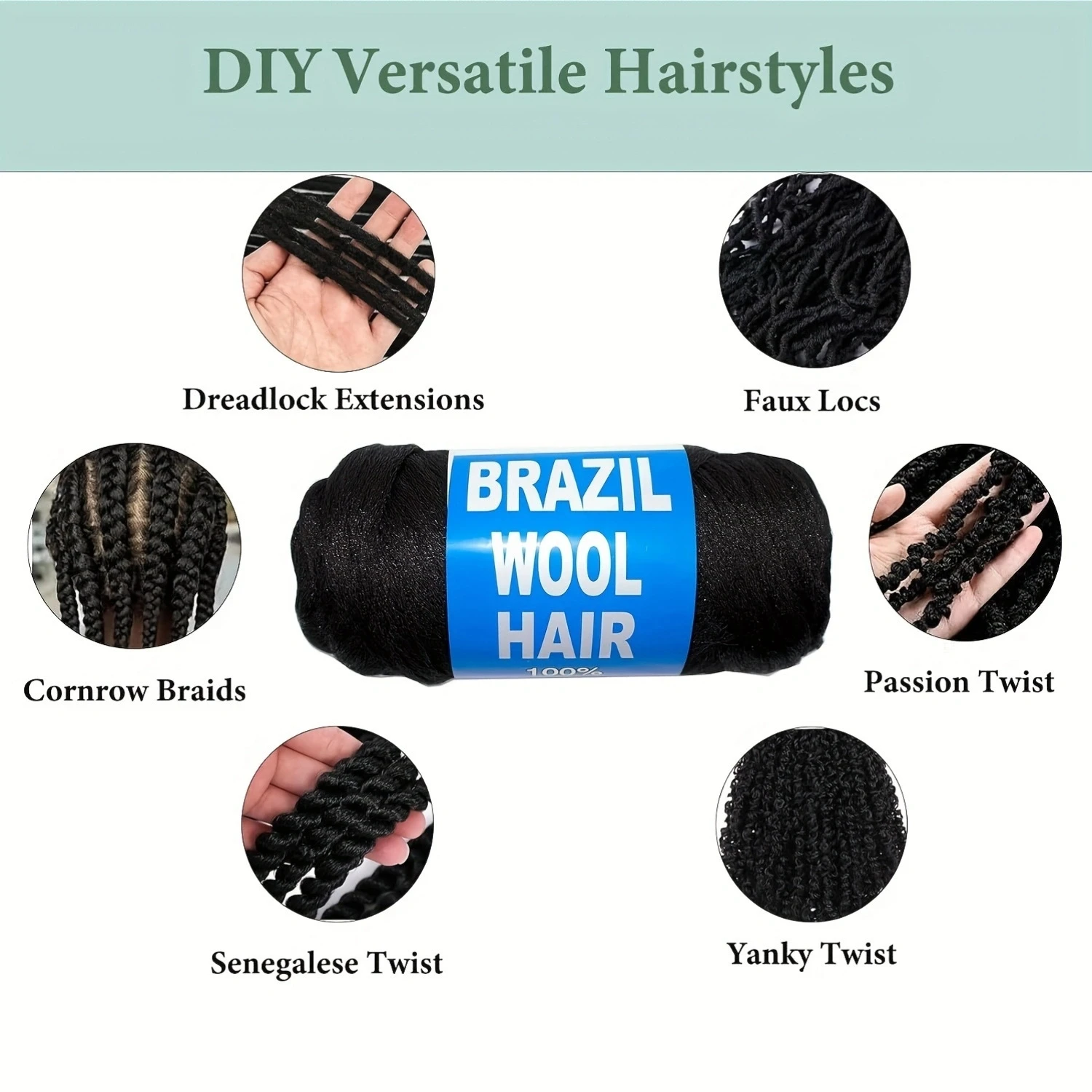 3-12 Rollen schwarzes brasilianisches Wollhaar-Acrylgarn für afrikanisches synthetisches Häkelhaar, Jumbo-Zöpfe, Zöpfe, Twist-Wraps, 70 g/Rolle – Detail 3