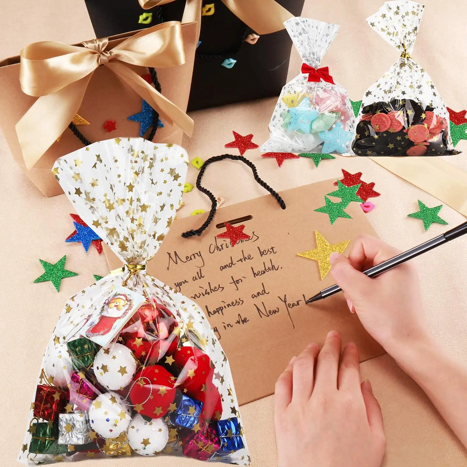 50 Stück Geschenkpapier mit Sternmotiv, Cello-Zellophan-Leckerli-Beutel, Party-Geschenktüten für Bäckerei, Geburtstag, Hochzeit, Party-Dekorationen – Detail 4