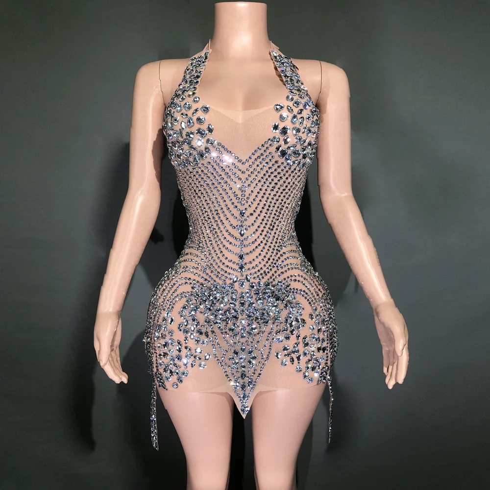 Rhinestones Dress Sparkly Evening Prom Birthday Sexy Halter Backless Mesh Velvet Short Performance Stage Wear