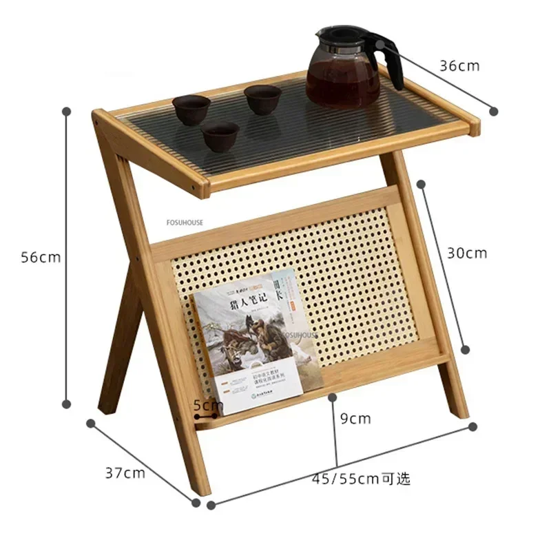 Modern Bamboo Sofa Side Table Home Furniture Living Room Creative Coffee Corner Glass Balcony Leisure Table Rattan Edge