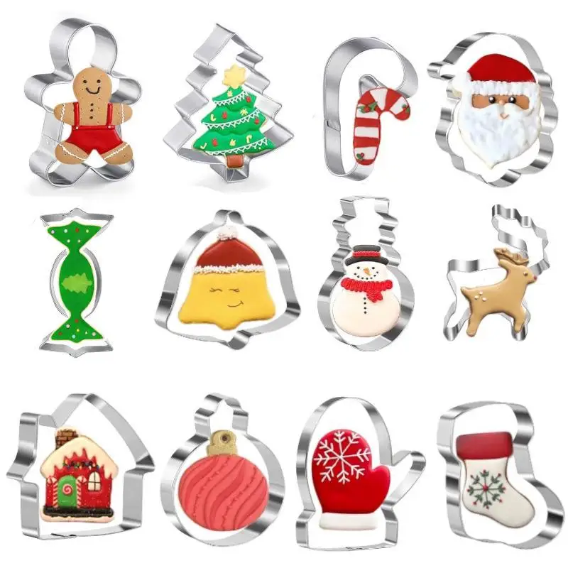 12pcs Christmas Cookie Cutters, Stainless Steel Pastry Cutters, Biscuit Molds, Baking Tools, Kitchen Gadgets, Kitchen Accessorie