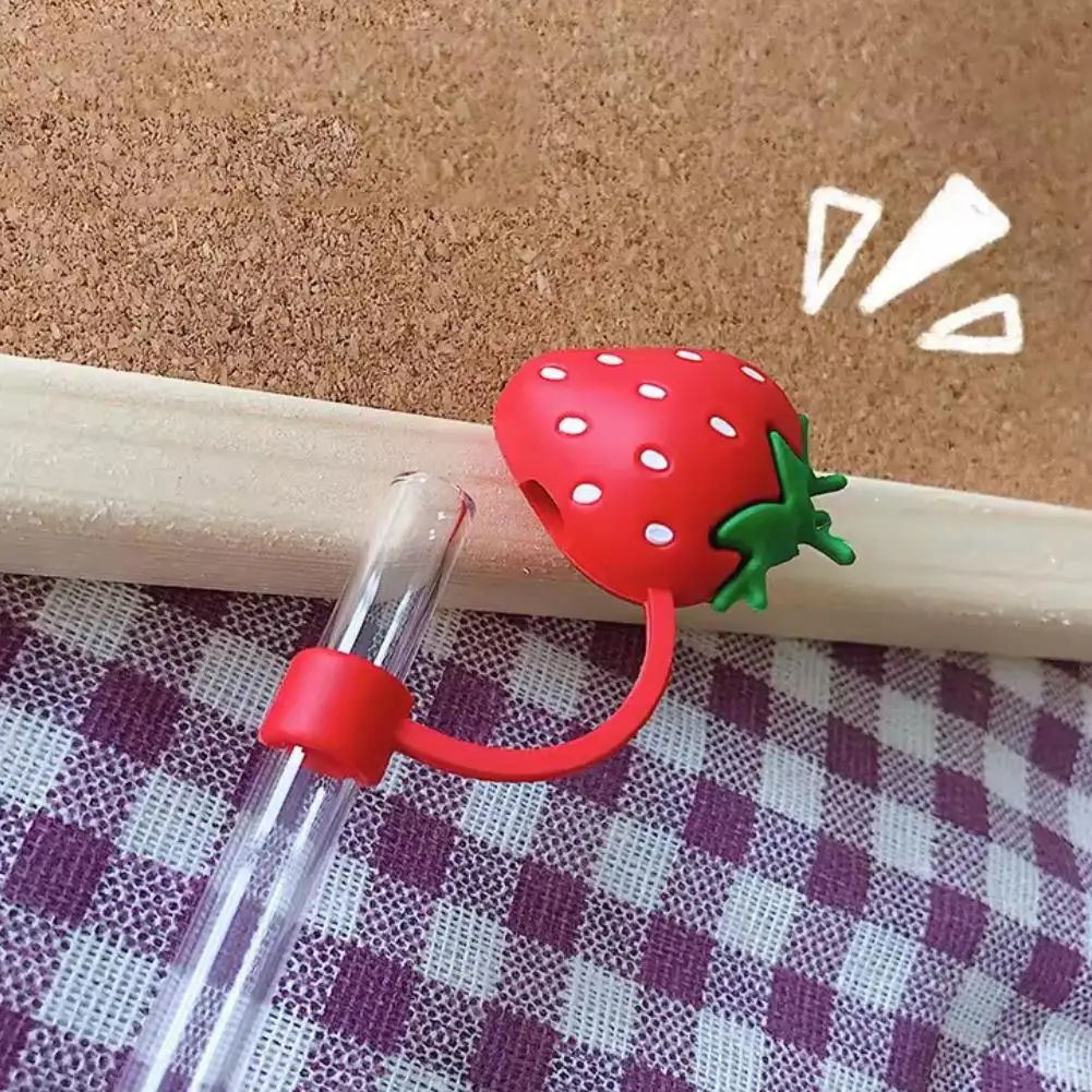 Cute Strawberry Straw Covers For Stanley Tumbler Cups Kawaii Silicone Straw Toppers Dust-Proof Protector Cap For 10mm Straws